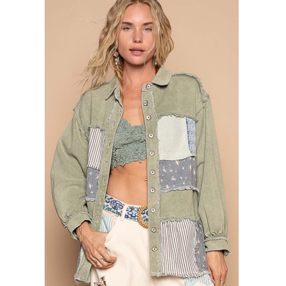 "The Kristin" Olive Mixed Print Frayed Edging Jacket - Picture 1 of 5